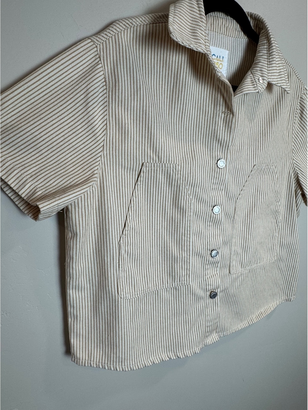 CALI 1850 Cream & Brown Striped Denim Semi-cropped Utility top MED COASTAL